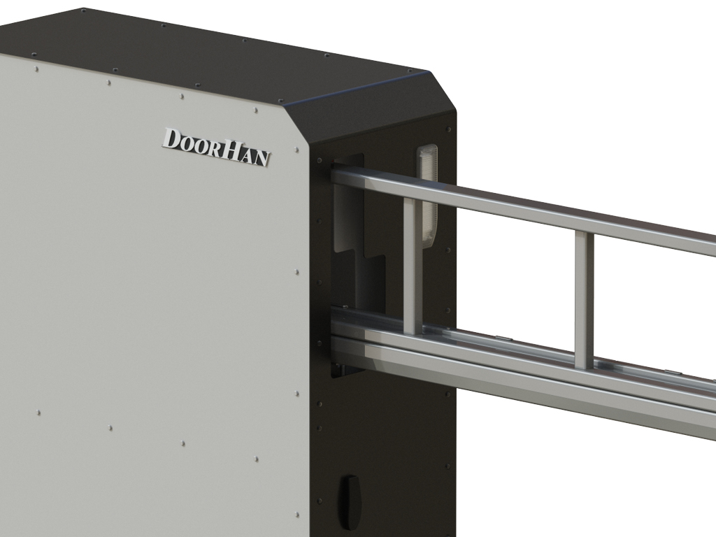 Корпус шлагбаума, закрытый стальными панелями толщиной 2 мм. Цвета панелей: RAL 7004 (серый) и RAL 9005 (черный)